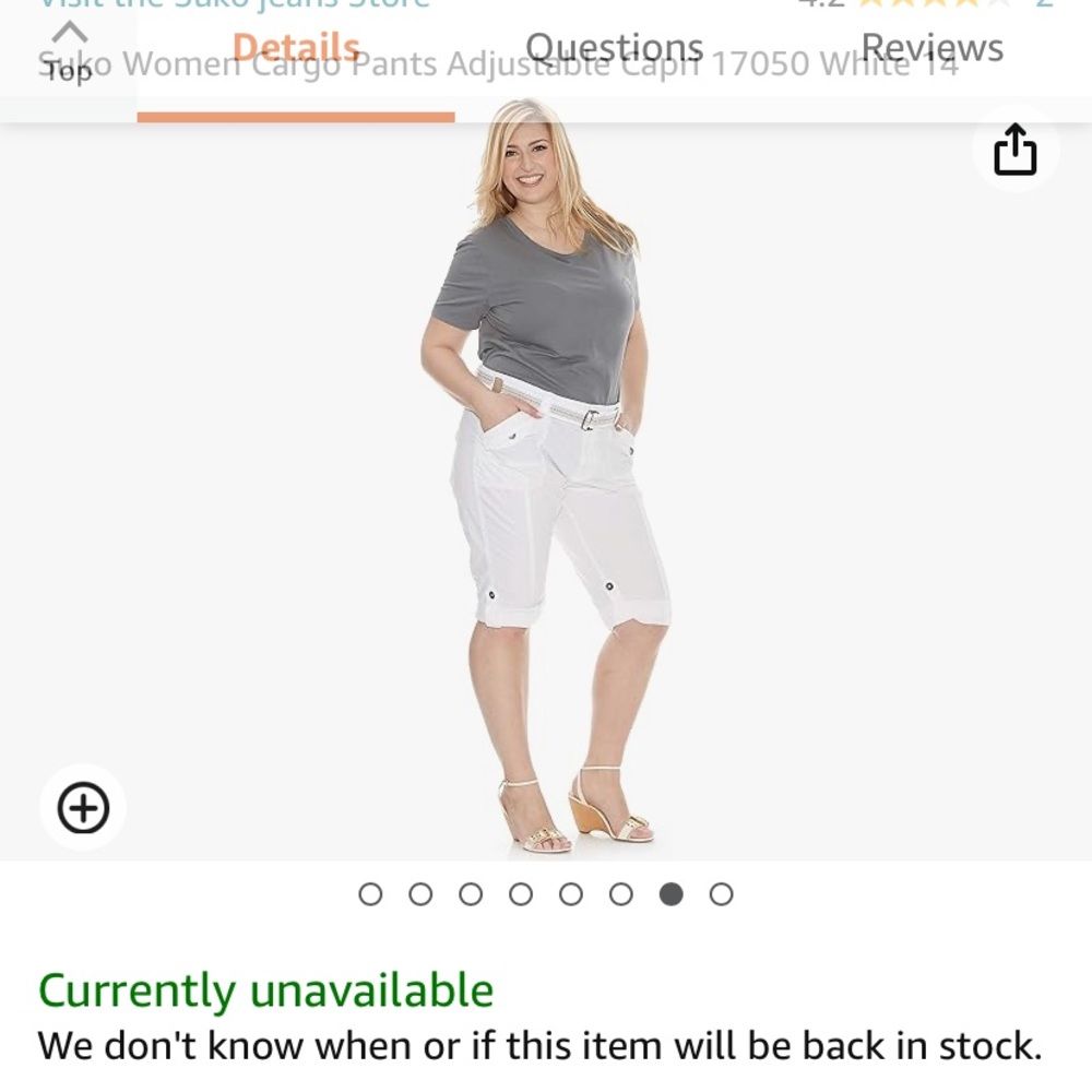 Suko Women Cargo Pants Adjustable Capri 17050 White 14